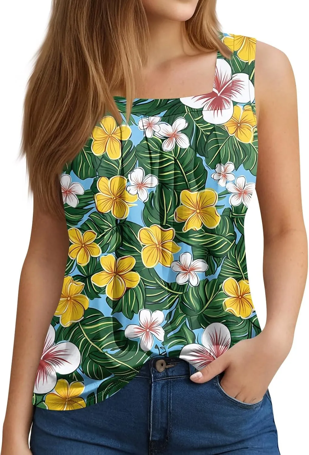 XIAXOGOOL Tank Tops for Women Summer Outfits 2025 Square Neck Casual Shirts Blouses Floral Print Pleated Sleeveless Tunic Top