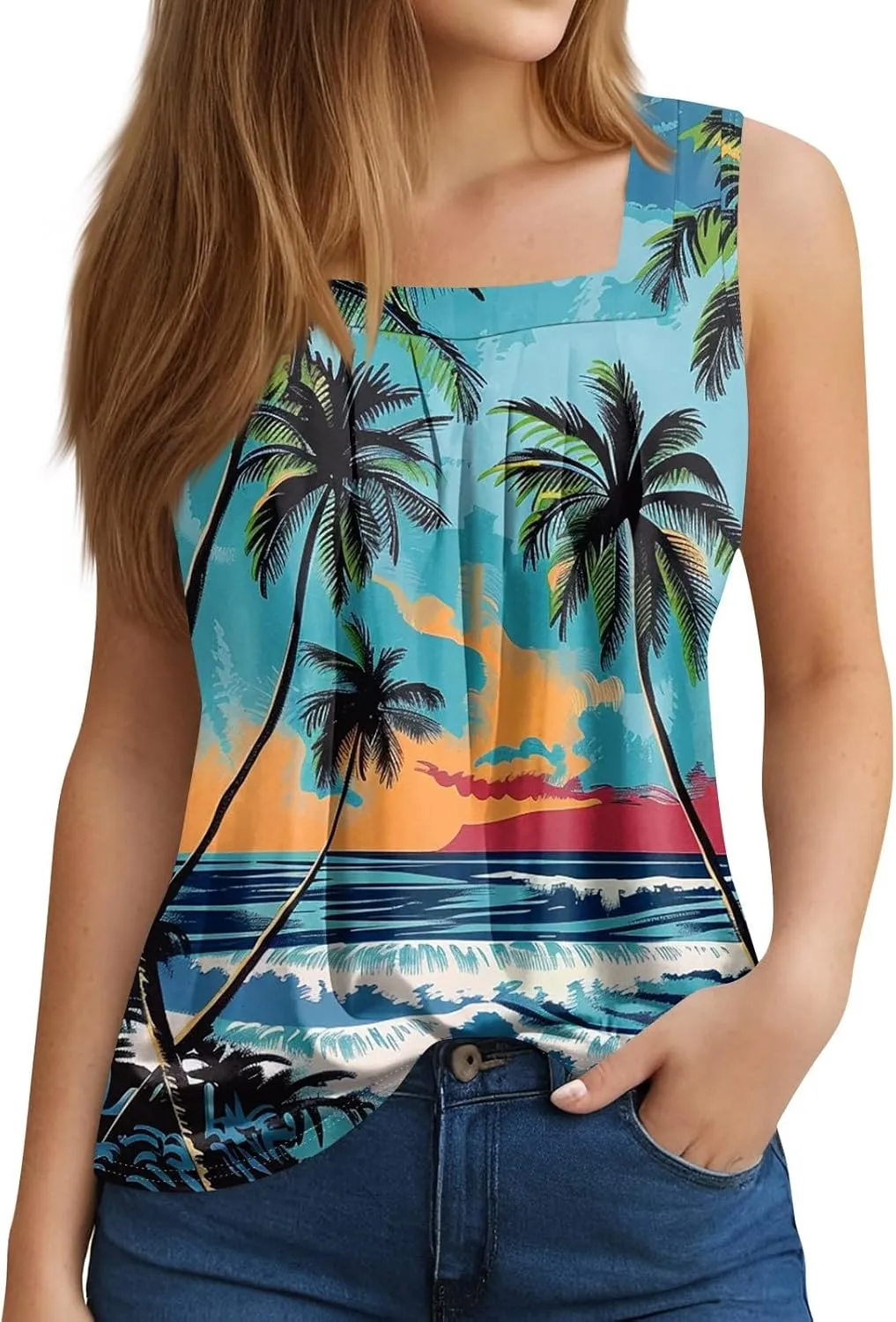 XIAXOGOOL Tank Tops for Women Summer Outfits 2025 Square Neck Casual Shirts Blouses Floral Print Pleated Sleeveless Tunic Top