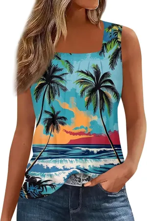 XIAXOGOOL Tank Tops for Women Summer Outfits 2025 Square Neck Casual Shirts Blouses Floral Print Pleated Sleeveless Tunic Top