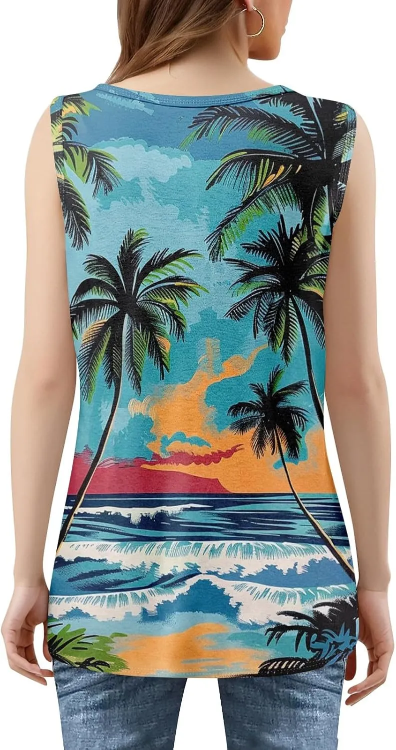 XIAXOGOOL Tank Tops for Women Summer Outfits 2025 Square Neck Casual Shirts Blouses Floral Print Pleated Sleeveless Tunic Top