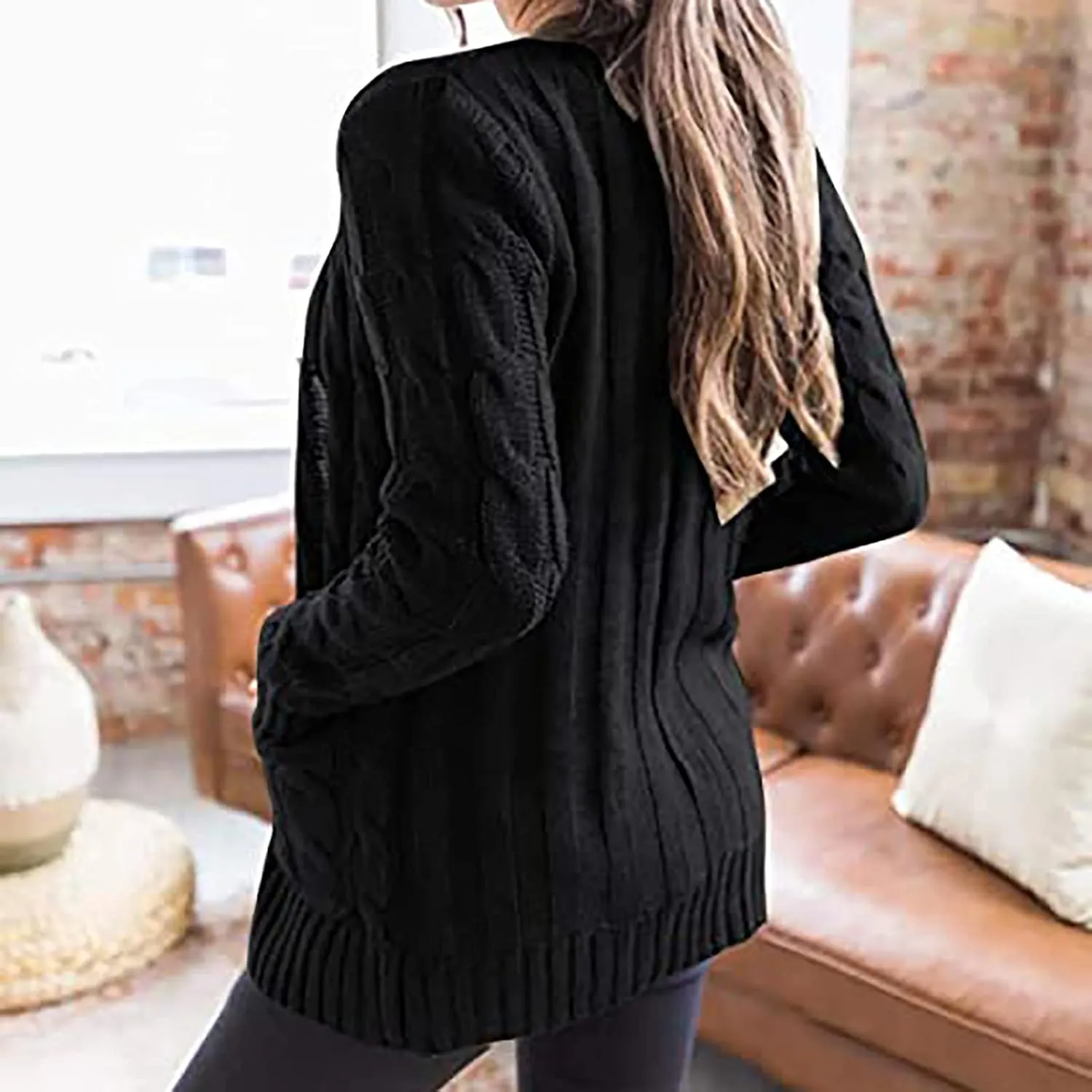 XUNRYAN Cardigan Sweaters for Womens Open Front Long Sleeve Jacket Fashion Button Down Cable Knit Chunky Outwear Spring Coat