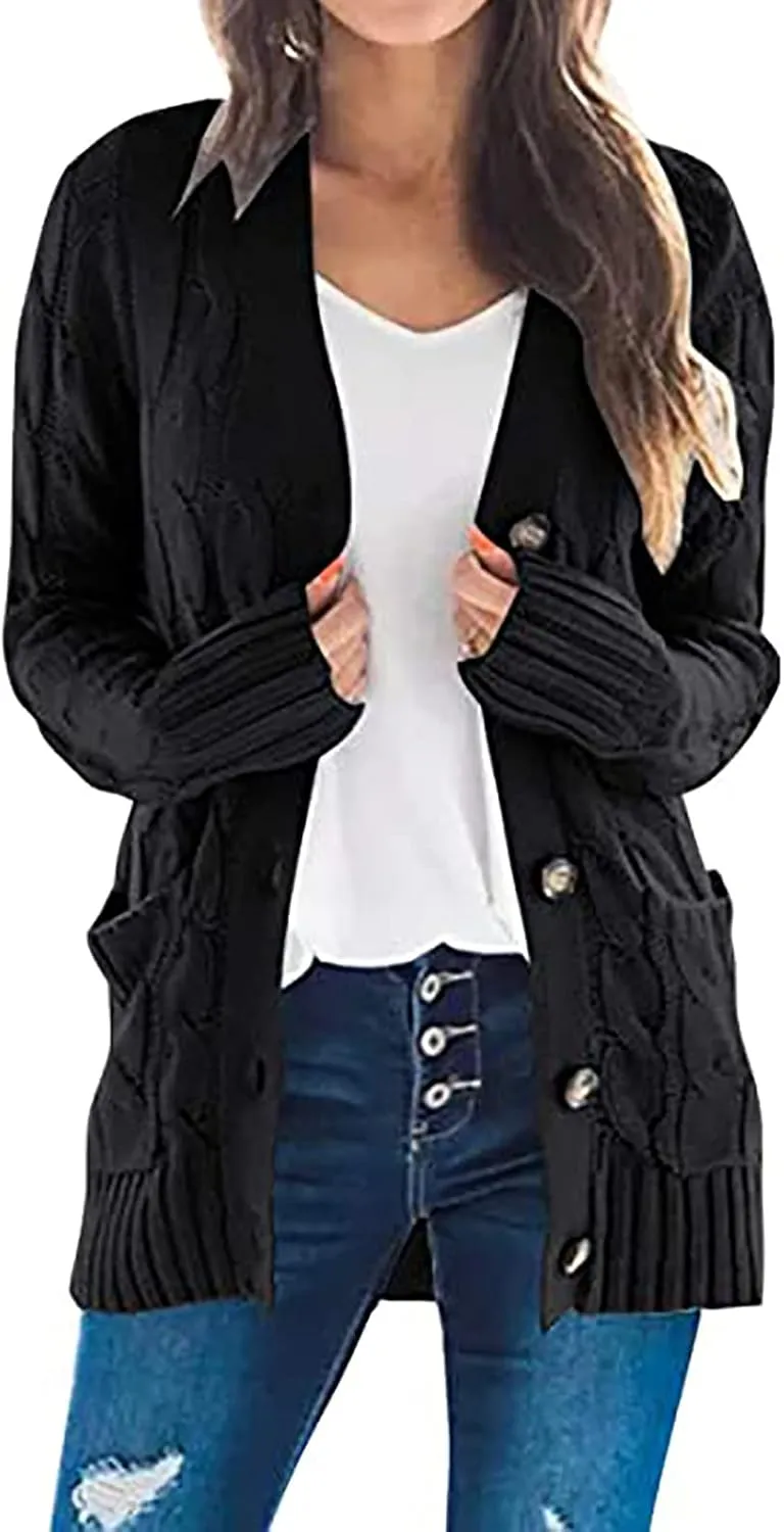 XUNRYAN Cardigan Sweaters for Womens Open Front Long Sleeve Jacket Fashion Button Down Cable Knit Chunky Outwear Spring Coat