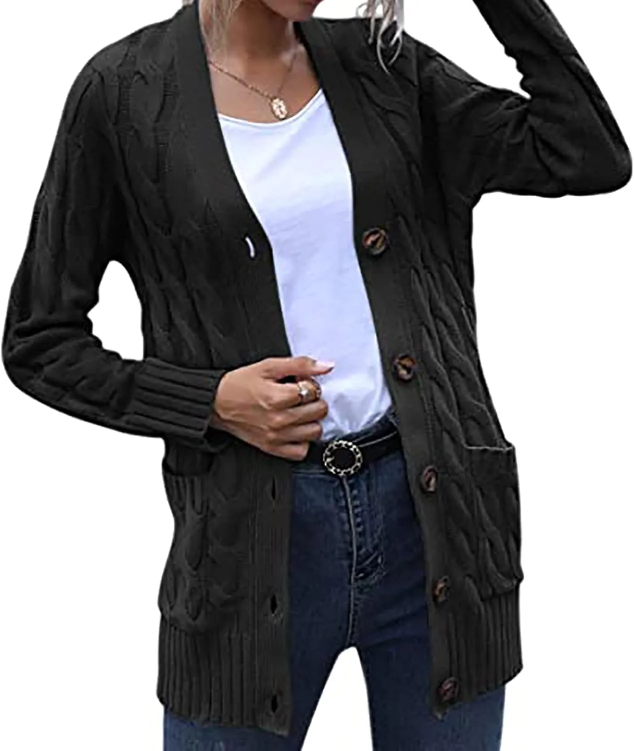 XUNRYAN Cardigan Sweaters for Womens Open Front Long Sleeve Jacket Fashion Button Down Cable Knit Chunky Outwear Spring Coat