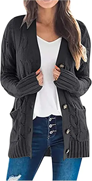 XUNRYAN Cardigan Sweaters for Womens Open Front Long Sleeve Jacket Fashion Button Down Cable Knit Chunky Outwear Spring Coat