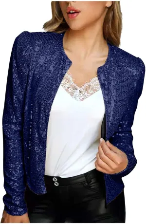 XUNRYAN Sequin Blazer Women Casual Open Front Cardigan Sparkly Jacket Glitter Long Sleeve Short Coats Crop Shrug Wraps Outfit