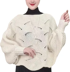 YOLAI Winter Knitwear Oversize Sweater Fashion Hollow Out Turtleneck Sweater Bat Sleeve Pullover Sweater (Beige, One Size)