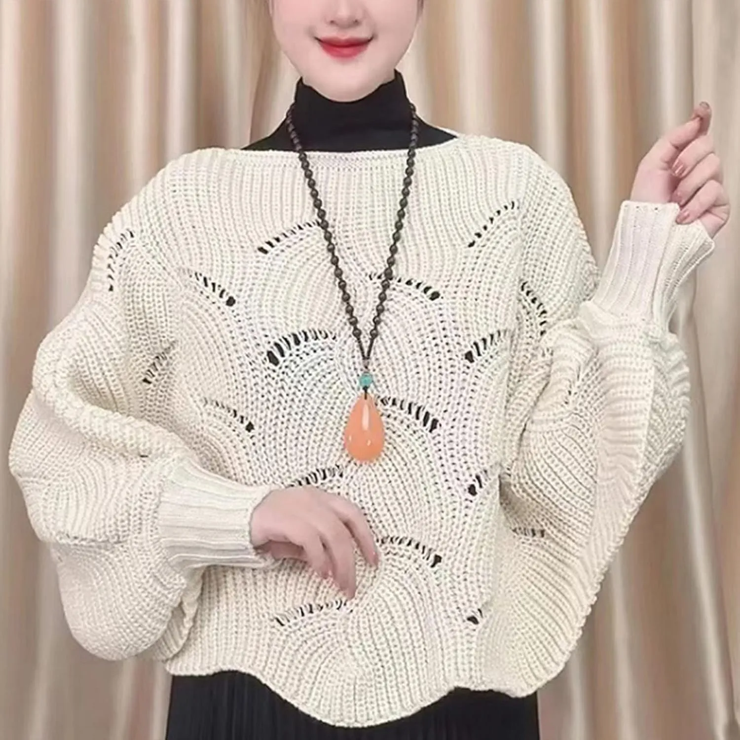 YOLAI Winter Knitwear Oversize Sweater Fashion Hollow Out Turtleneck Sweater Bat Sleeve Pullover Sweater (Beige, One Size)