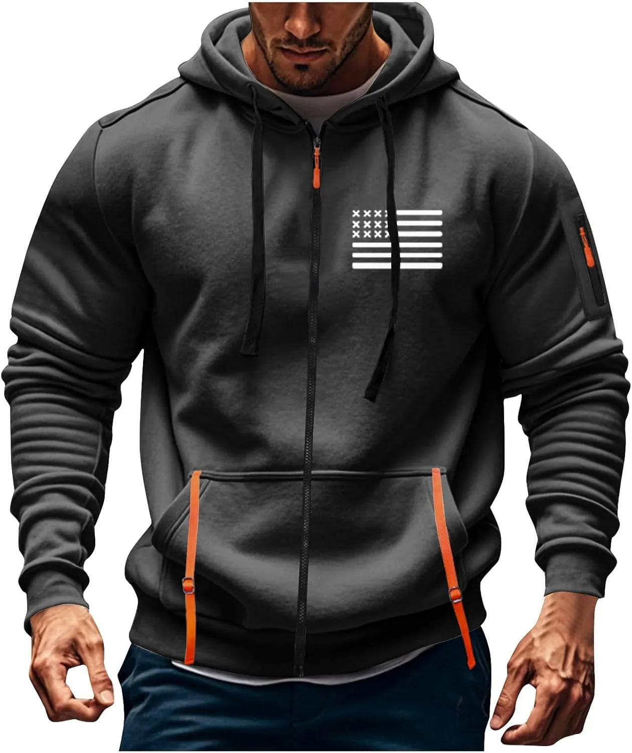 ZEFOTIM Zip Up Hoodies for Men American Flag Sweatshirt Plain Vintage Travel Long Sleeve Drawstring Sweatshirt with Pocket